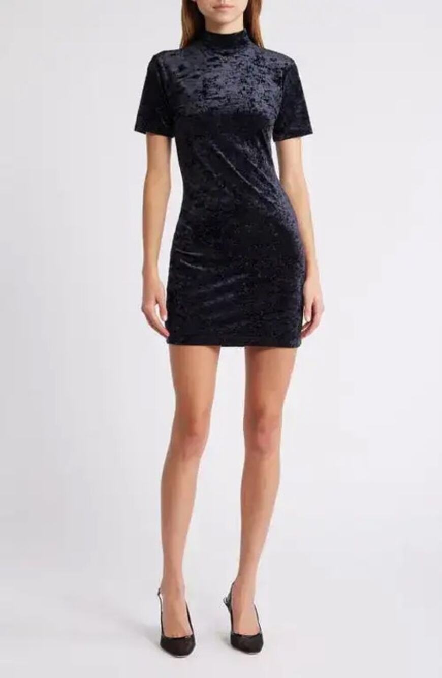 NEW Preppy Stretch Crushed Velvet FRAME Mini Cocktail Dress Bodycon Mock Neck